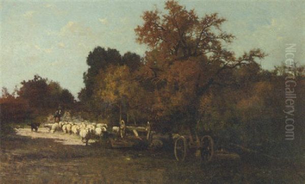 A Shepherdess And Her Flock In The Woodlands Oil Painting by Hector Charles Auguste Octave Constance Hanoteau