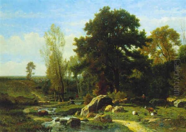 Bergere Et Son Troupeau Au Bord Du Ruisseau Oil Painting by Hector Charles Auguste Octave Constance Hanoteau