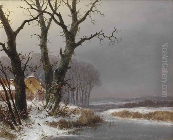 A Serene Winter Landscape Oil Painting by Josefus Gerardus Hans