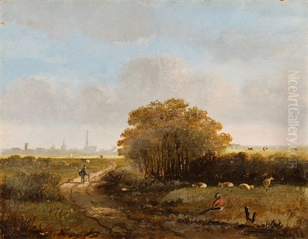 Landschaft Mit Schafhirtin Und Blick Auf Eine Stadt Oil Painting by Josefus Gerardus Hans