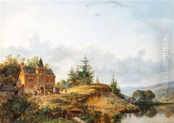 Rustende Ruiters Bij Een Huis Aan De Waterkant Oil Painting by Josefus Gerardus Hans