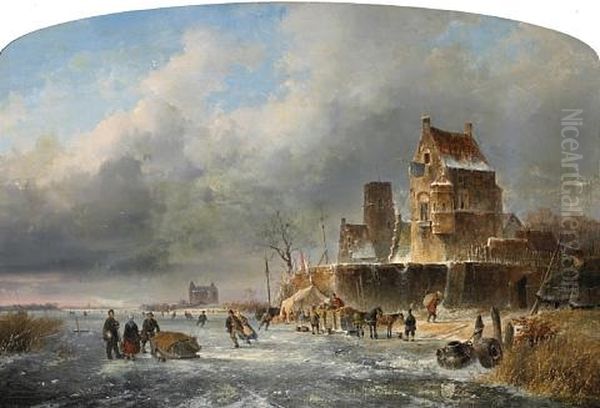 A Frozen River Scene With Figures Skating Oil Painting by Josefus Gerardus Hans