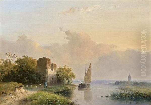 Figures In A River Landscape Near Delft Oil Painting by Josefus Gerardus Hans