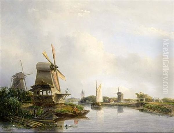 A River Landscape With Boats And An Angler Near A Mill Oil Painting by Josefus Gerardus Hans