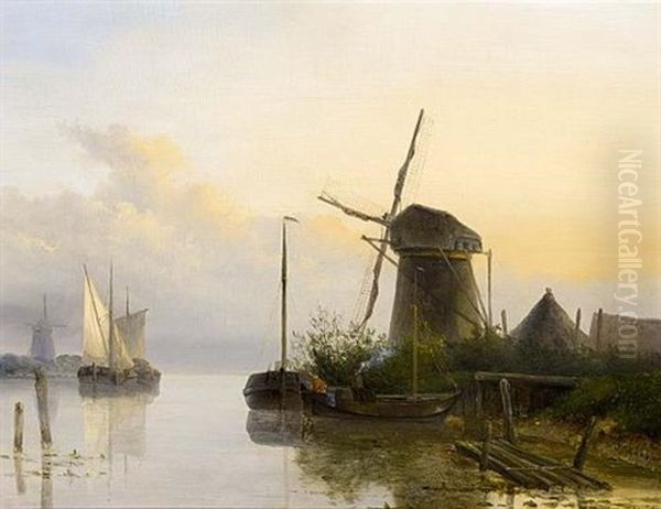 A River Landscape At Sunset Oil Painting by Josefus Gerardus Hans