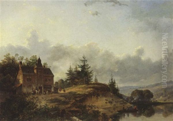 Figures Near A Country House Oil Painting by Josefus Gerardus Hans