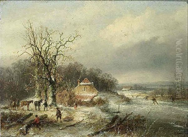 A Winter Landscape With Skaters And Woodgatherers Oil Painting by Josefus Gerardus Hans