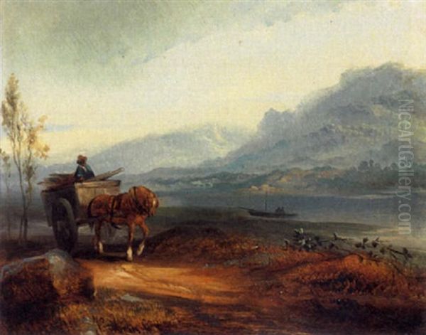 Man On A Wagon In A Mountainous Landscape Oil Painting by Josefus Gerardus Hans