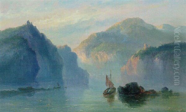 A Mountainous River Landscape With A Sailboat At Dusk Oil Painting by Josefus Gerardus Hans