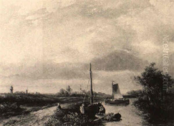 A View Of A Polder Landscape At Sunset Oil Painting by Josefus Gerardus Hans