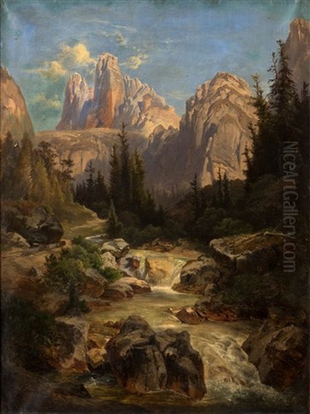 Cours D'eau Dans Un Paysage De Montagne Oil Painting by Anton Hansch