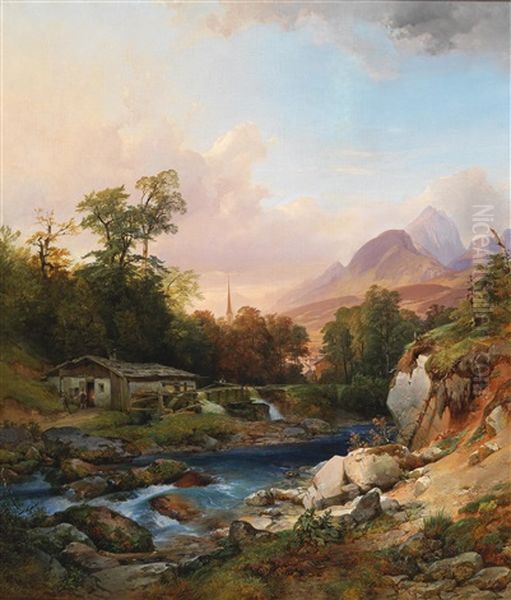 A Mountain Landscape With A Smithy by Anton Hansch