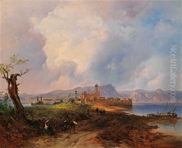 Ansicht Des Castell Sermio, Auf Der Insel Sermione Am Gardasee Oil Painting by Anton Hansch