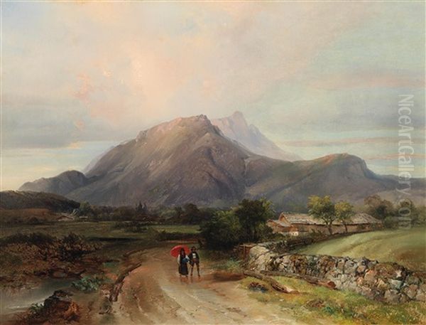 Mountain Landscape With Walkers Oil Painting by Anton Hansch