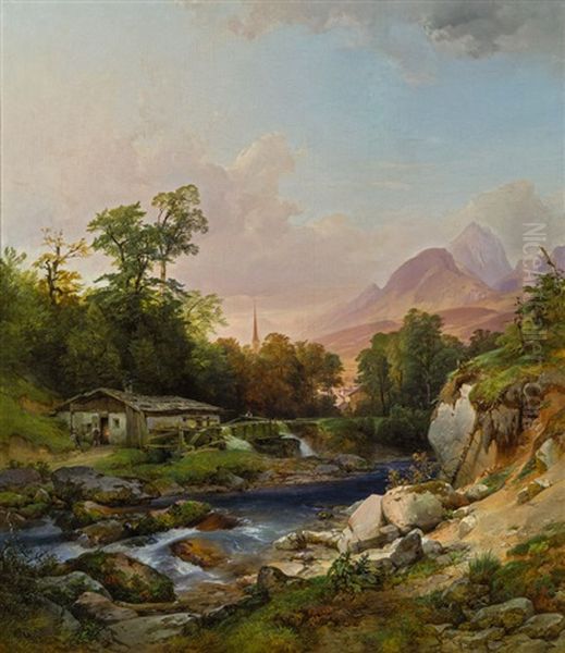 Gebirgslandschaft Mit Schmiede Oil Painting by Anton Hansch