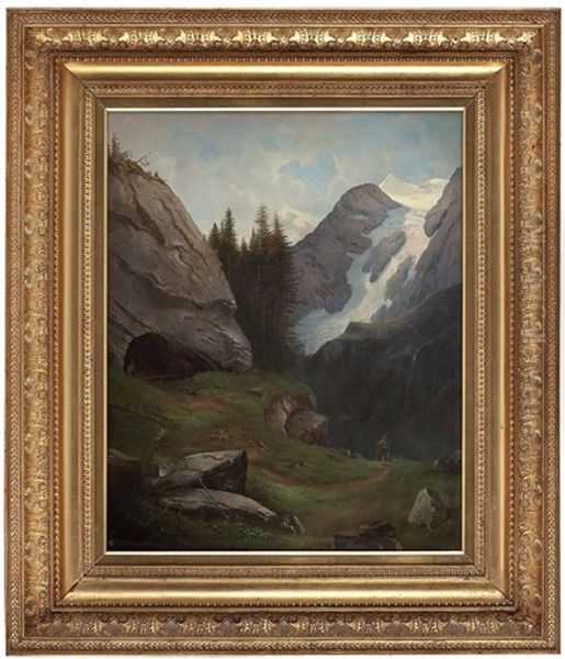 Wanderer In Hochalpiner Landschaft, Im Hintergrund Berg Mit Gletscher Oil Painting by Anton Hansch