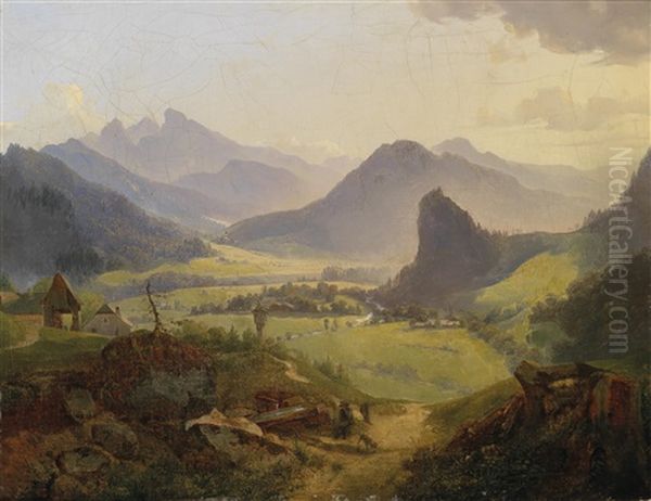 Blick Auf Eine Gebirgige Landschaft (schafberg In Oberosterreich?) Und Figurliche Staffage Im Vordergrund Oil Painting by Anton Hansch