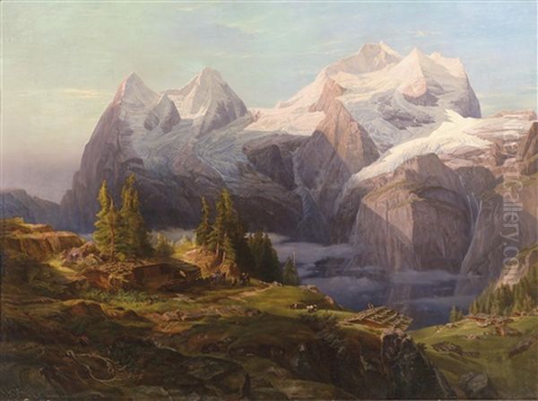 Blick In Das Berner Oberland Mit Monch, Eiger Und Jungfrau, Im Vordergrund Figurliche Staffage Oil Painting by Anton Hansch