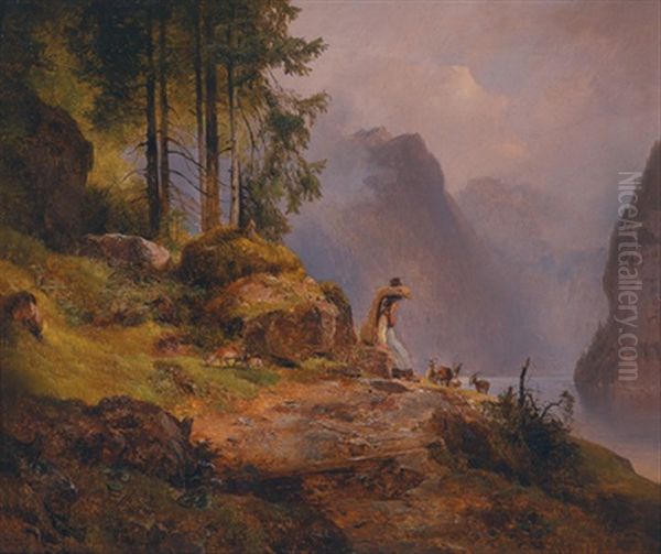 Die Rast Der Ziegenhirtin Am Konigssee Oil Painting by Anton Hansch