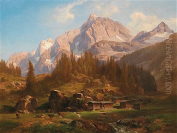 Alp Breitlahner Im Zillertal Oil Painting by Anton Hansch