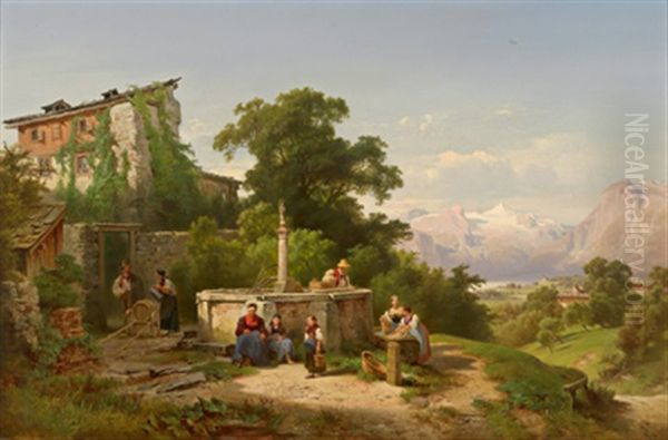 Geselliges Treffen Am Brunnen Mit Blick Auf Den Dachstein Oil Painting by Anton Hansch