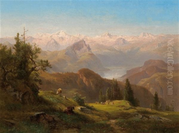 Fernblick Auf Die Hohen Tauern Mit Grosvenediger Und Dreiherrnspitze Oil Painting by Anton Hansch