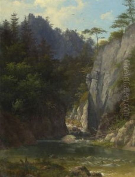 Felsenlandschaft Mit Bachlauf Oil Painting by Anton Hansch