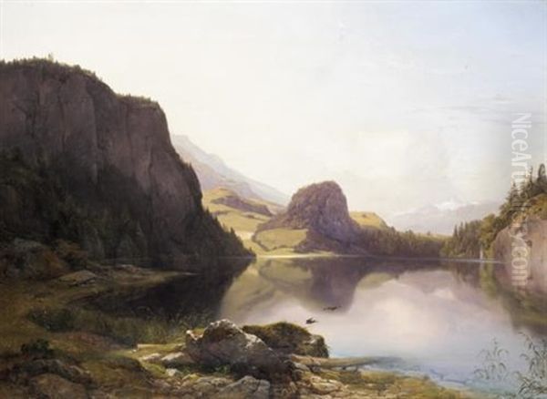 Der Krotensee Zwischen St. Gilgen Und Mondsee Im Salzkammergut, Im Hintergrund Der Schafberg Und Die Dachsteingruppe Oil Painting by Anton Hansch