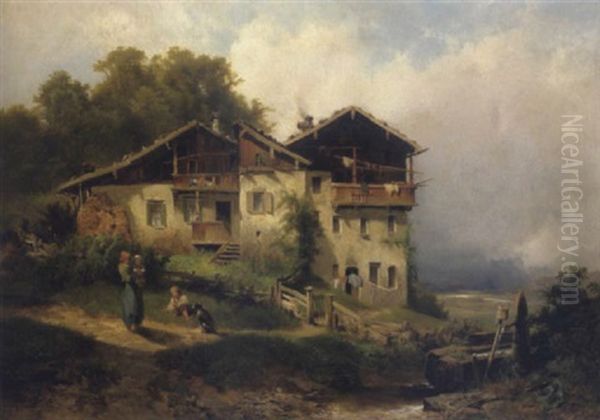 Bauerngehoft Mit Figurlicher Staffage Oil Painting by Anton Hansch