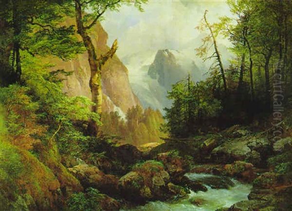 Rehwild Am Bachufer, Im Hintergrund Das Dachsteinmassiv Oil Painting by Anton Hansch