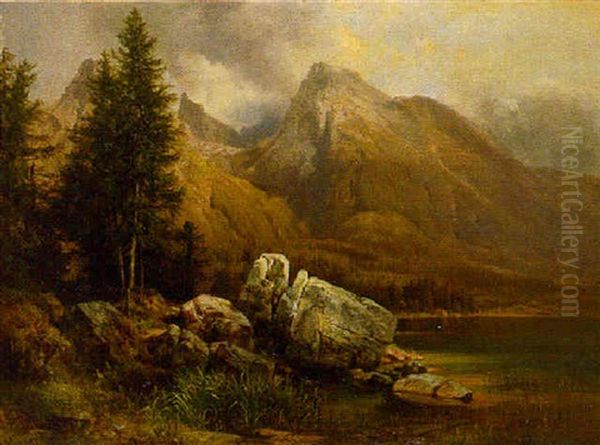 An Alpine Lake Landscape Oil Painting by Anton Hansch