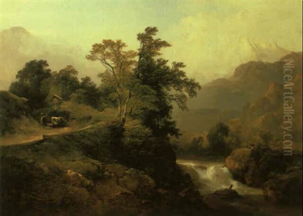 Mountainous River Landscape With Peasant Passing A Wayside Shrine Oil Painting by Anton Hansch