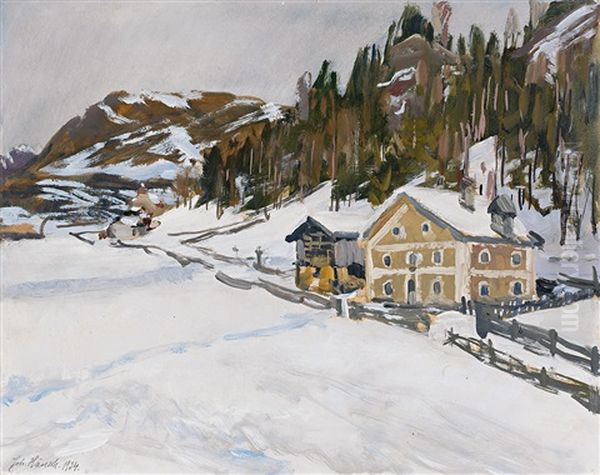 Verschneite Winterlandschaft Mit Gehoft Und Hugelhintergrund Oil Painting by Johannes Haensch