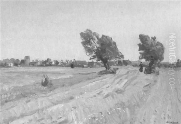 Sturmgepeitschte Landschaft Mit Ackern Und Feldern, Im Hintergrund Ein Dorf by Johannes Haensch