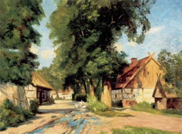 Landsbygade Med Huse Og Store Lovtraeer Oil Painting by Johannes Haensch