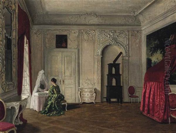 A Lady At A Dressing Table Oil Painting by Adolf Heinrich Claus Hansen