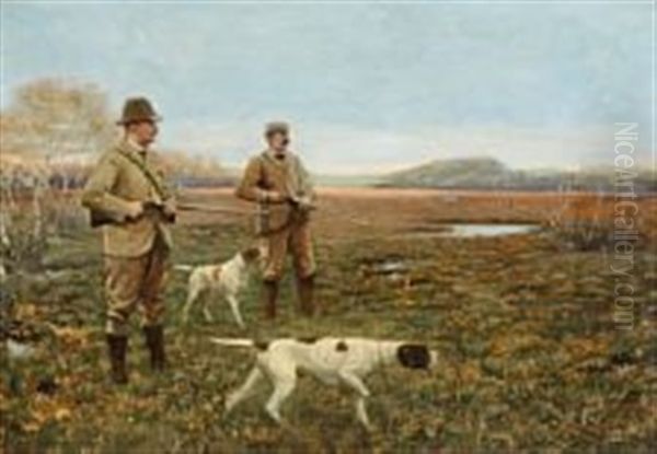 Two Hunters In The Bog, The Hounds Are Following The Scent Oil Painting by Adolf Heinrich Claus Hansen