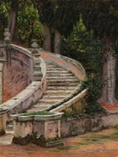 Garden Scene With A Stairway Oil Painting by Adolf Heinrich Claus Hansen