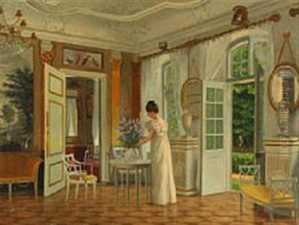 Manor House Interior With A Young Woman Arranging Lilac Oil Painting by Adolf Heinrich Claus Hansen