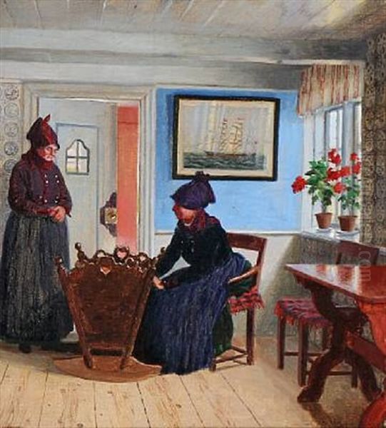 Interior From The Island Of Fano With Two Local Women At A Cradle Oil Painting by Adolf Heinrich Claus Hansen