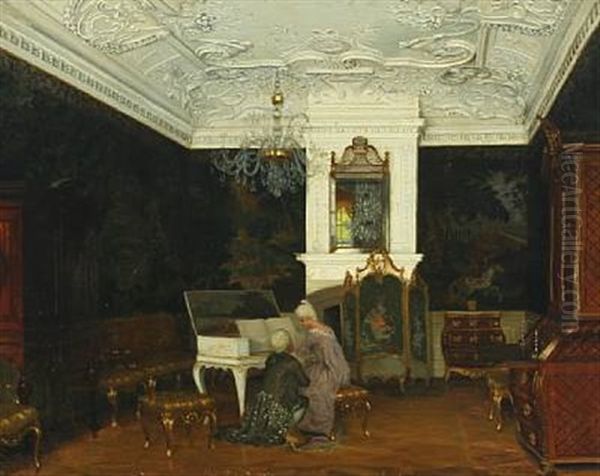 Interior With Courting Couple At Clausholm Castle by Adolf Heinrich Claus Hansen