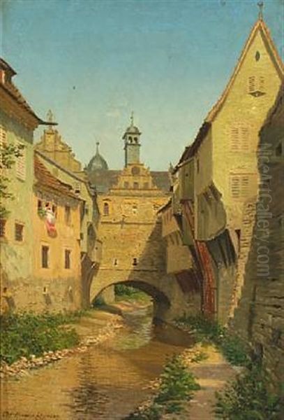 River Scenery From A German City Oil Painting by Adolf Heinrich Claus Hansen