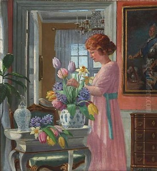 Interior With A Women And Flowers Oil Painting by Adolf Heinrich Claus Hansen