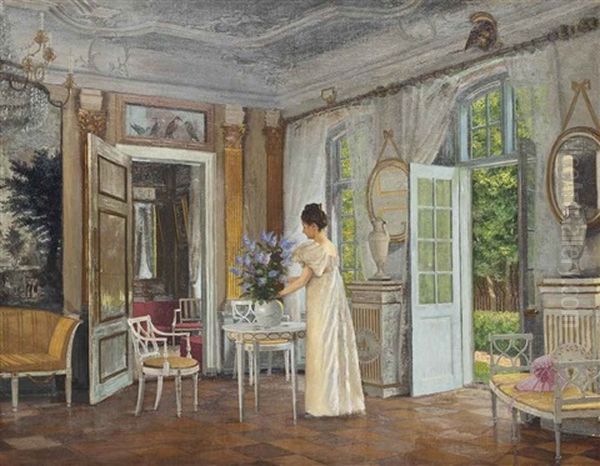 Arranging Summer Blooms Oil Painting by Adolf Heinrich Claus Hansen