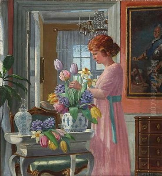 Interior With A Women And Flowers Oil Painting by Adolf Heinrich Claus Hansen