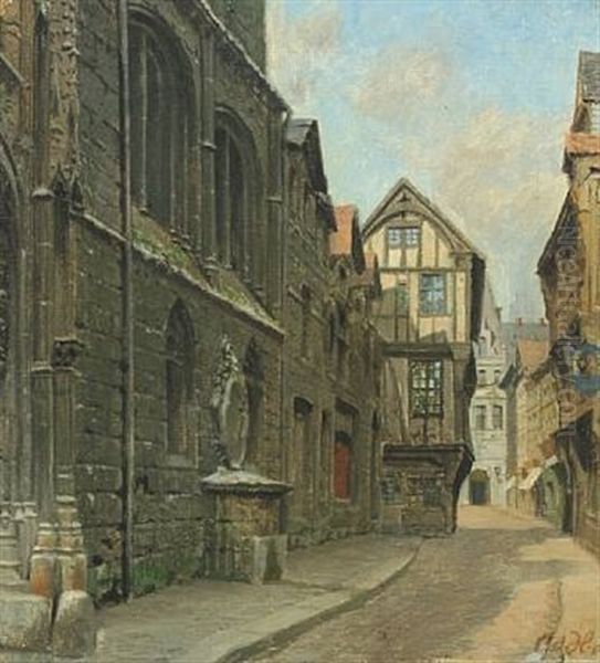 Town Scenery With A Narrow Street Oil Painting by Adolf Heinrich Claus Hansen