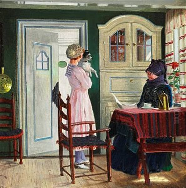 Interior From The Island Of Fano With A Young Lady Visiting A Local Woman Oil Painting by Adolf Heinrich Claus Hansen