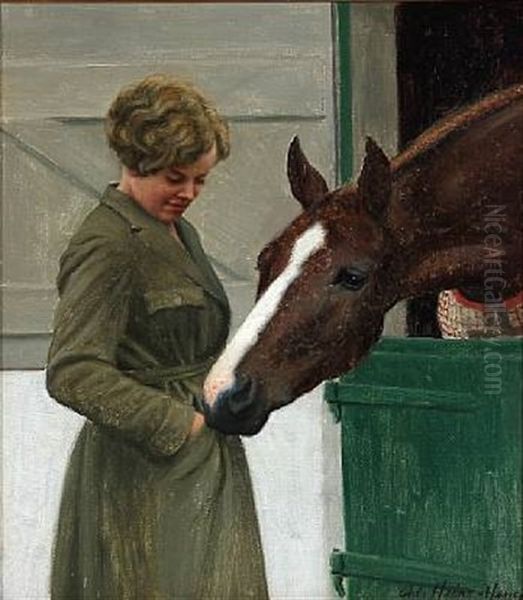 A Woman With A Horse At A Stable Door Oil Painting by Adolf Heinrich Claus Hansen