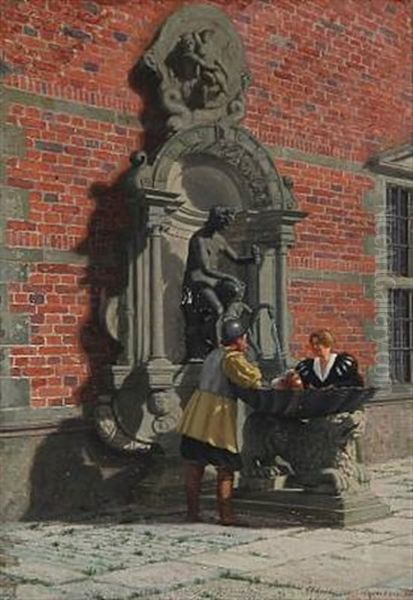 Conversation At A Fountain At Frederiksborg Castle Square Oil Painting by Adolf Heinrich Claus Hansen