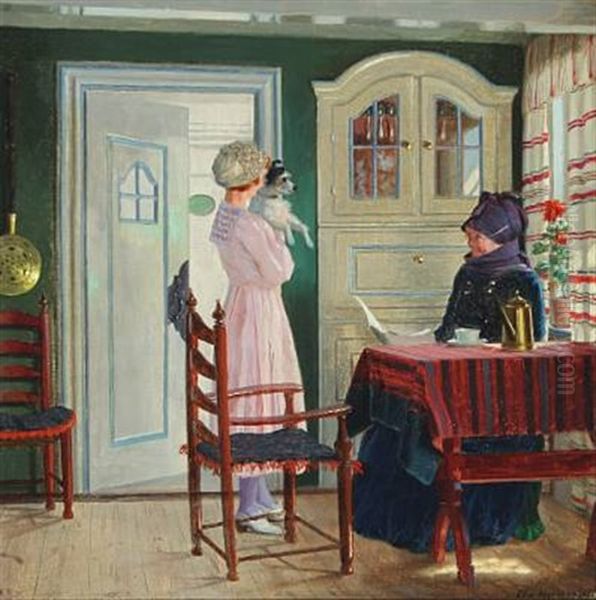 Interior With Two Women From Fanoe Oil Painting by Adolf Heinrich Claus Hansen